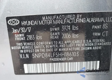 2017 Hyundai Elantra Limited z USA, uszkodzony, nr VIN 5NPD84LF5HH186103